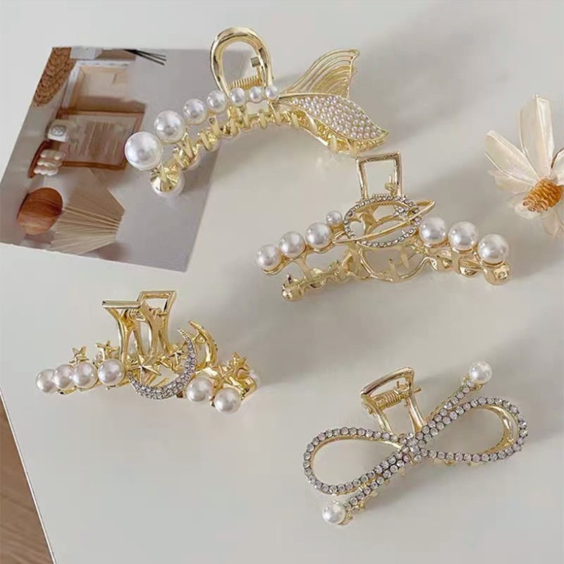 Kẹp Tóc Càng Cua Lớn Chống Trượt Đính Đá &amp; Ngọc Trai