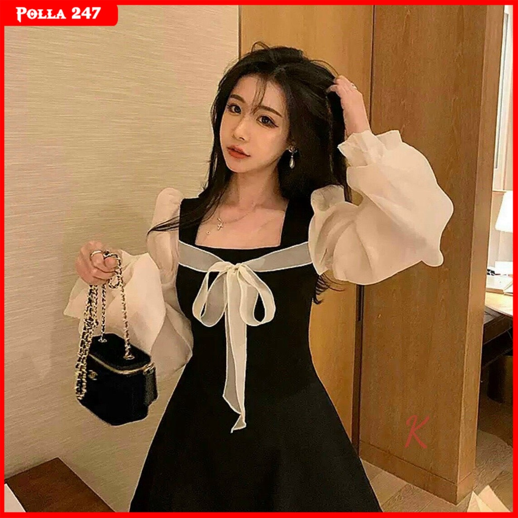 Đầm đẹp chữ A Polla B058, Váy nữ xinh dáng xòe, Kiểu đầm dài tay form ngắn cổ vuông phối nơ dễ thương