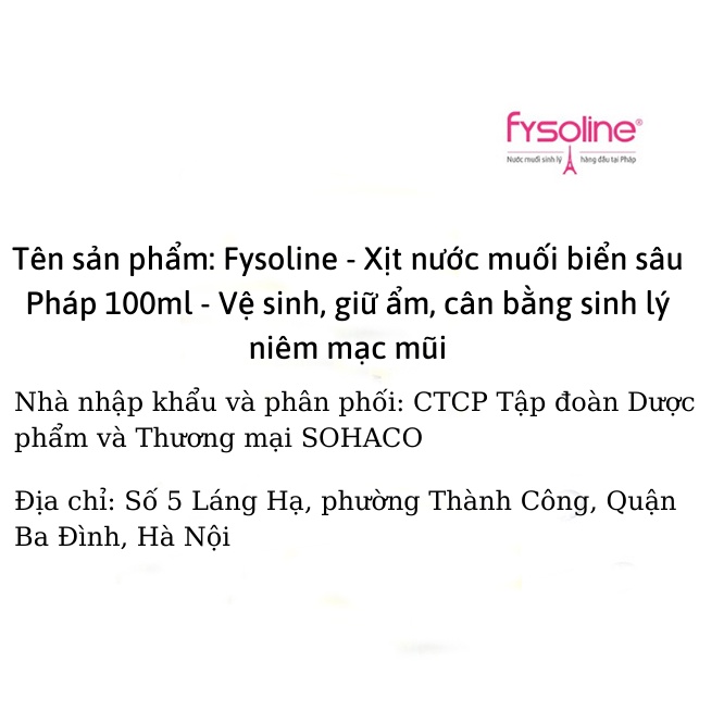 Fysoline - Xịt nước muối biển sâu Pháp 100ml - Vệ sinh, giữ ẩm, cân bằng sinh lý niêm mạc mũi