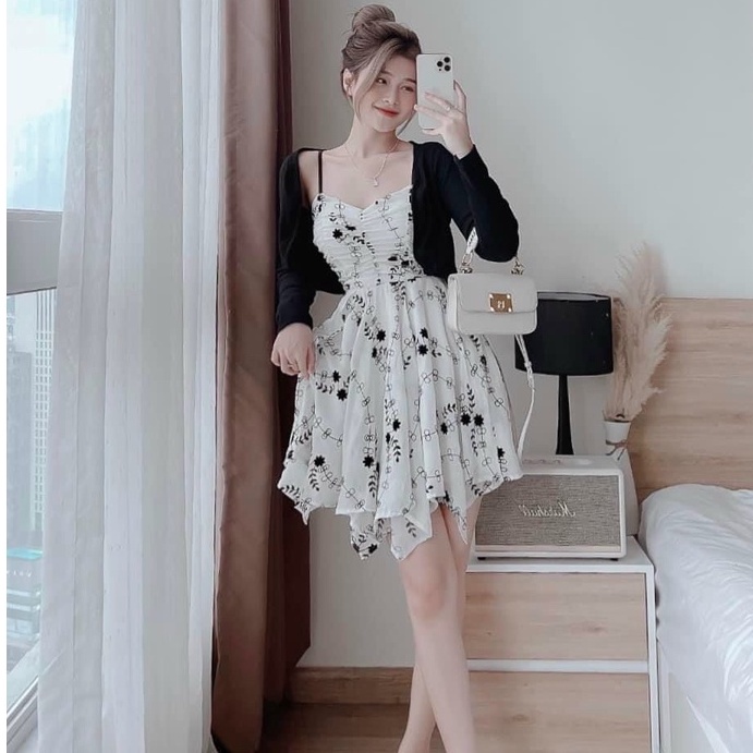 Set váy 2 dây dáng xòe in họa tiết hoa kèm áo khoác đen tay dài sang chảnh thiết kế dự tiệc dạo phố XM đầm Minh Phúc