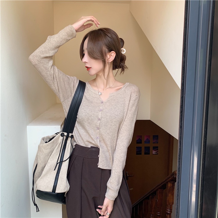Áo Sweater Dệt Kim Tay Dài Màu Sắc Đơn Giản Cho Nữ