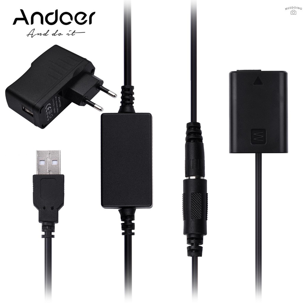 Andoer DR-FW50 Fully Decoded DC Coupler Dummy Battery Replace of NP-FW50 Battery with USB DC Converter Power Cable Wall Plug Compatible with Sony A7 A7R A7S A7M A7II A7S2 A7M2 A7R2 A6500 A6400 A6300 A6100 A6000 A5100 A5000 A3000 NEX5 NEX7 DSC-RX10