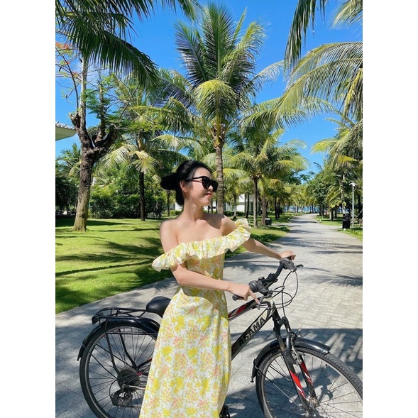 Đầm Maxi hoa vàng trễ vai voa lụa