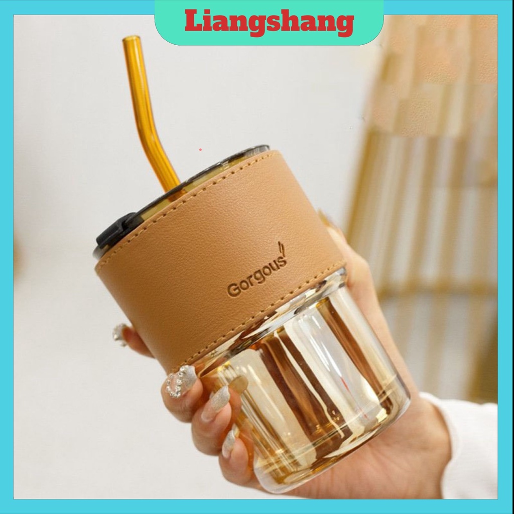 Cốc thuỷ tinh❤️FREESHIP❤️ly nước vỏ da có nắp và ống hút, uống nước đẹp dung tích 450ml