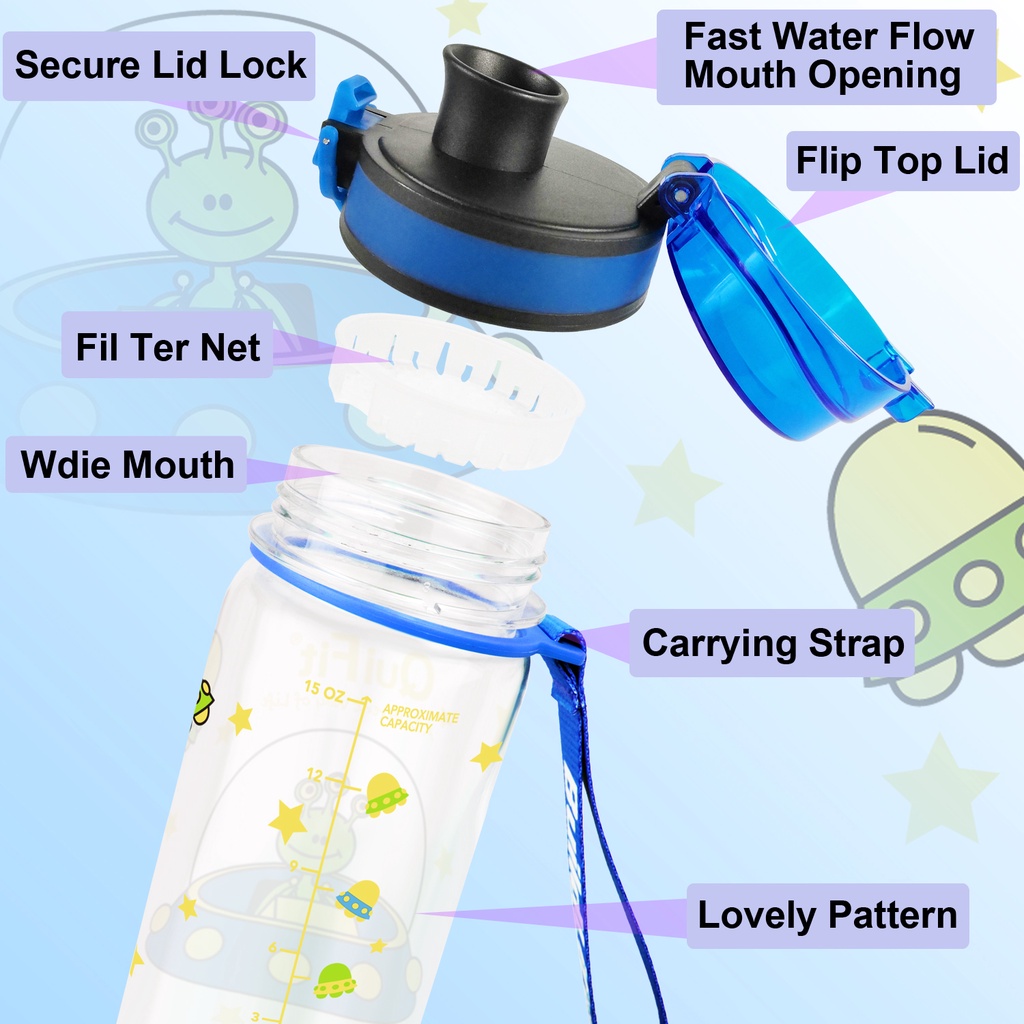 Bình nước Quifit không chứa BPA có vạch đánh dấu thời gian dung tích 450ML cho trẻ em