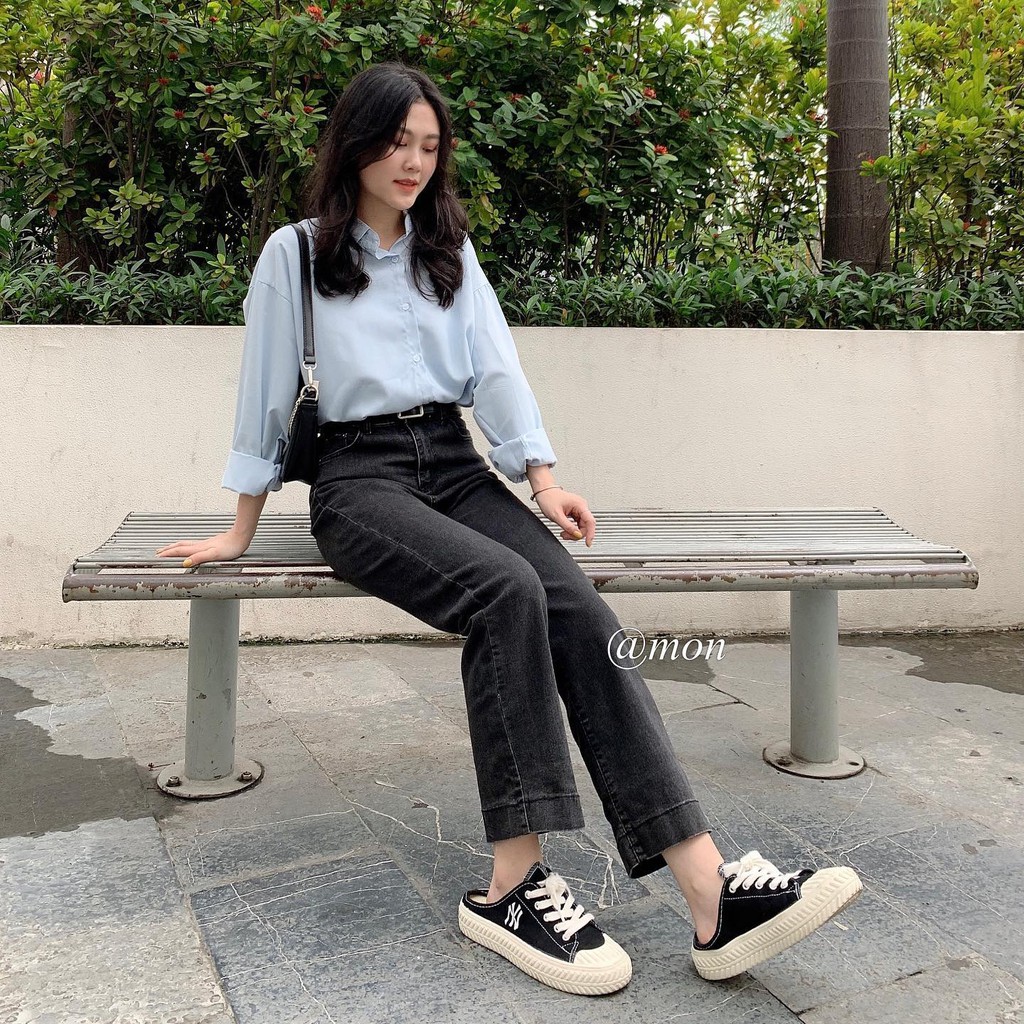 2101385 Quần jeans nữ ulzzang co giãn ống đứng form vừa màu xám đen có size