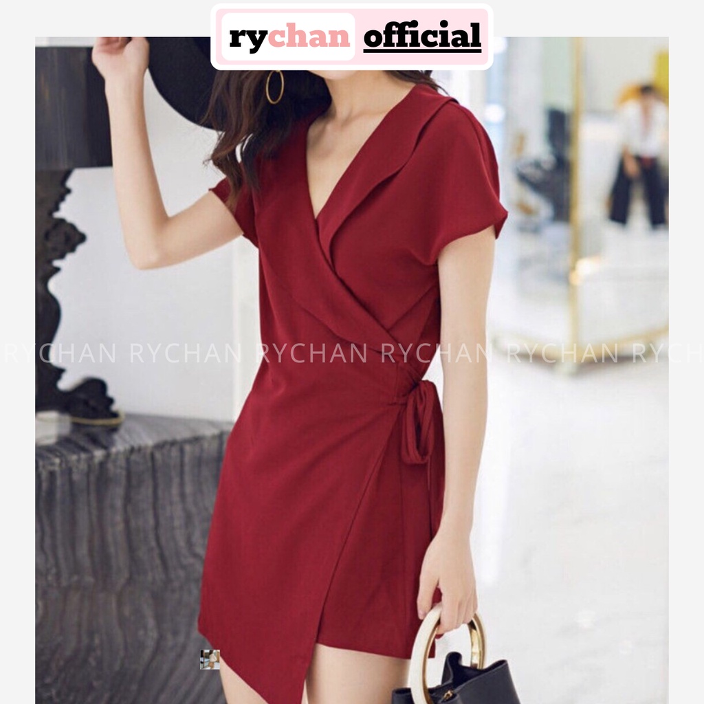 DX485 - Đầm Xòe Đỏ Chéo Tà Cổ V Tay Ngắn Cực Chất