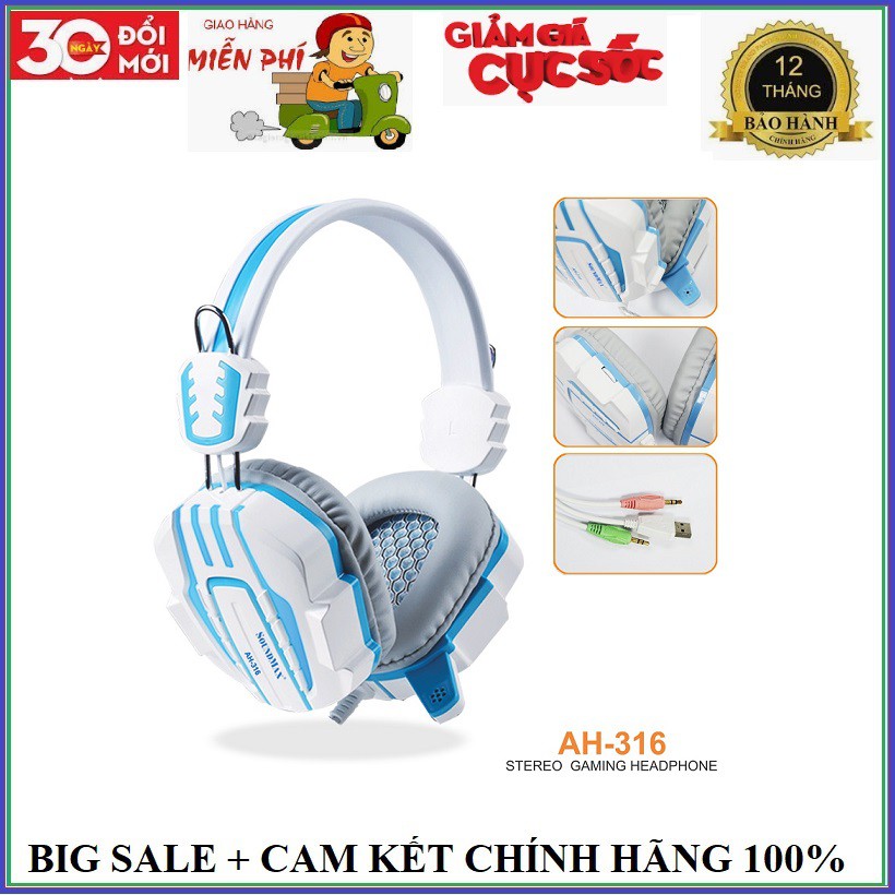 Tai nghe Gaming SOUNDMAX AH316 màu Trắng Xanh, Có LED, có Micro, DÂY CHỐNG GẪY ĐỨT, siêu bền - Hàng Chính Hãng