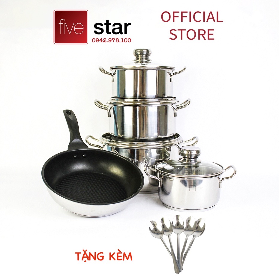 Bộ Nồi Chảo 3 Đáy Inox 430 Cao Cấp Fivestar Standard 5 món nắp kính , tặng 5 muỗng ăn inox