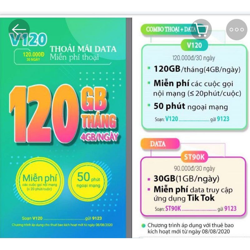 Sim Viettel V120. 60 Gb 1 tháng ( 2Gb/ ngày). Miễn phí gọi Viettel và miễn phí 50 phút gọi vina, mobi, vietnammobile