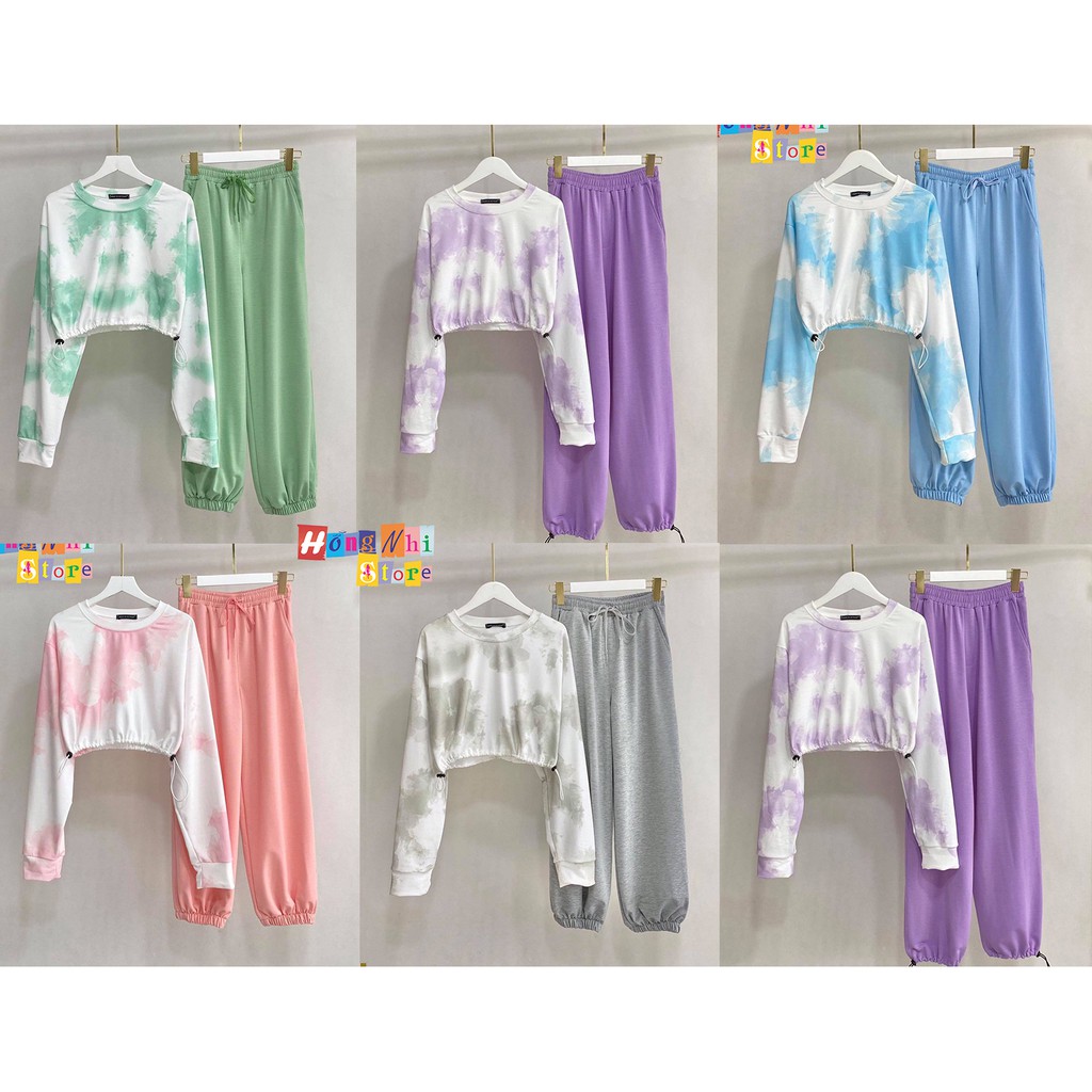 Set Bộ Áo Croptop Dây Rút Loang Màu Tay Dài Phối Quần Jogger 3D Ulzzang Dáng Rộng - MM