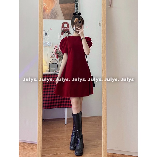 Đầm nhung tay bồng cut out (ảnh thật shop chụp kèm video)