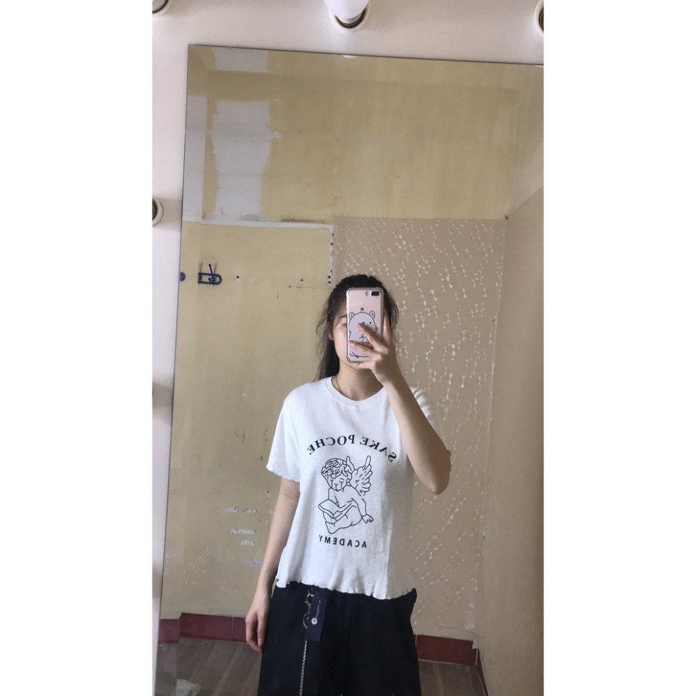 Áo croptop SAKE tay ngắn cổ tròn dáng body phối hình thiên sứ màu trắng_TOPONESTORE | BigBuy360 - bigbuy360.vn