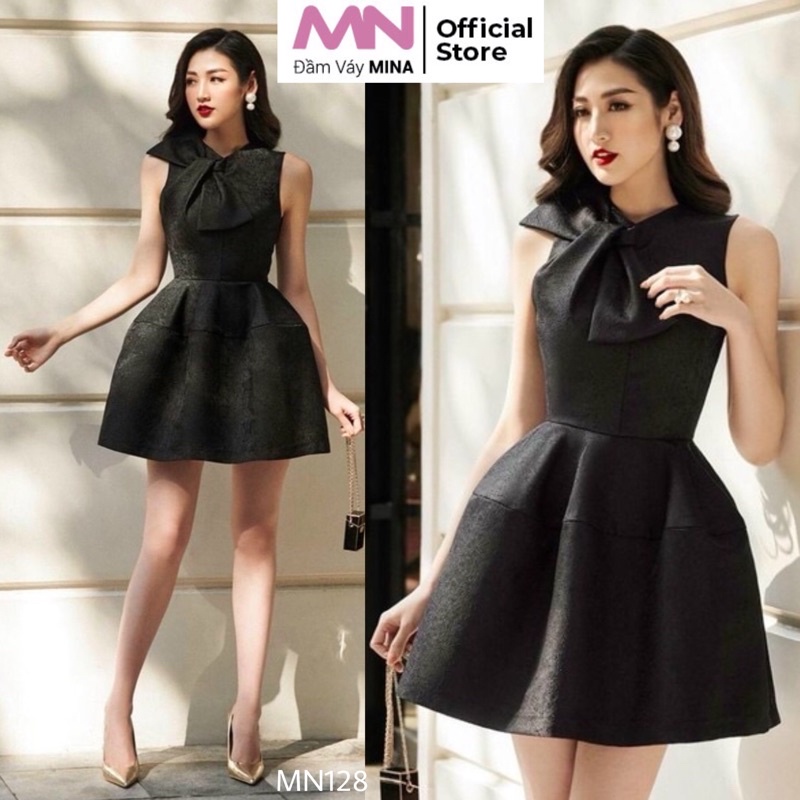Đầm gấm đen MINA sang trọng vai nơ dáng xoè ngắn sát nách dự tiệc đi chơi dạo phố công sở MN128
