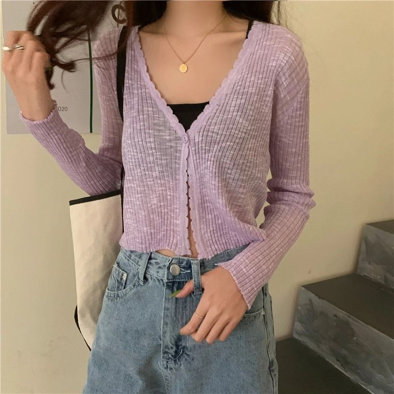 Áo khoác Cardigan len dệt kim mỏng dáng croptop cổ chữ V siêu xinh cho nàng