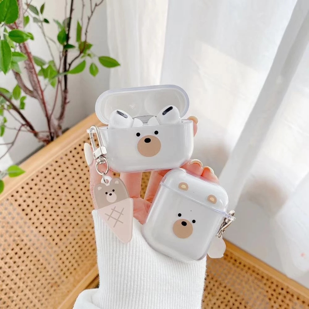 Airpod 1/2 / Pro Vỏ đựng tai nghe trong suốt màu xanh da trời Ban đêm bằng nhựa mềm Mặt dây chuyền Gấu hoạt hình dễ thương Airpods