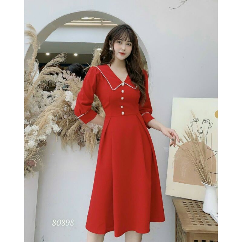 Đầm đỏ cổ sen tay lỡ phối ren size 50-72kg💕hàng y hình + video💕 | BigBuy360 - bigbuy360.vn