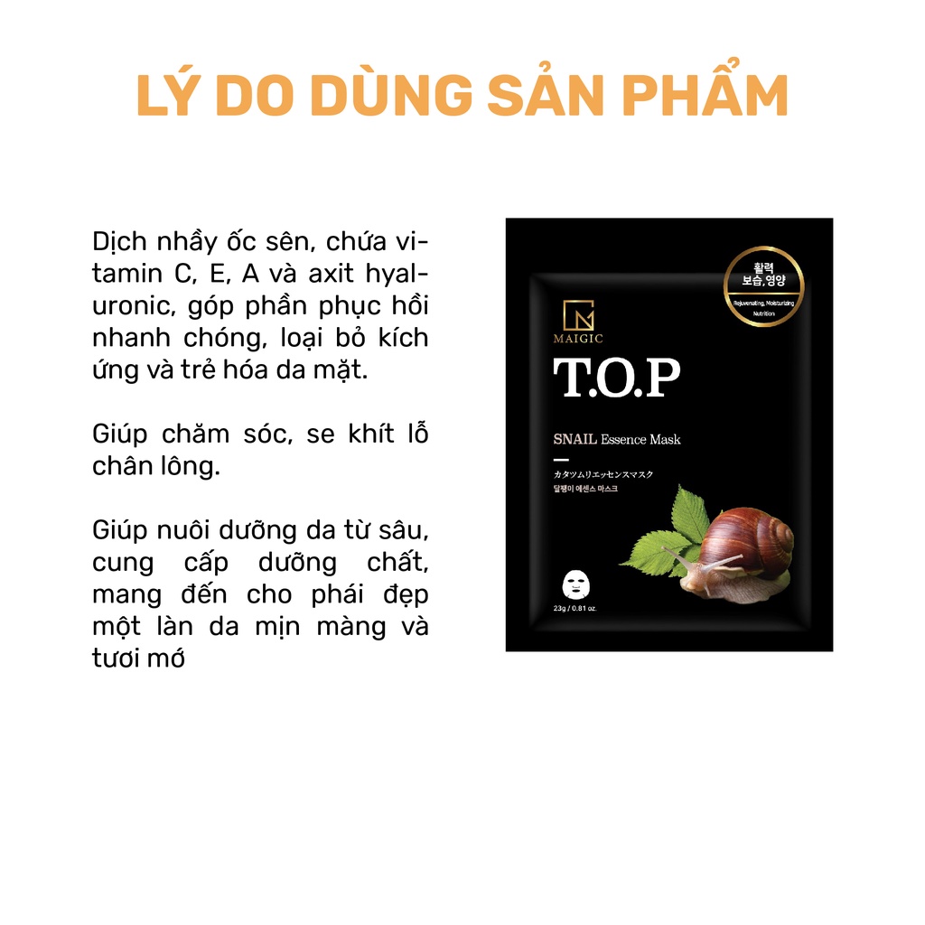 Mặt Nạ Giấy MAIGIC T.O.P SNAIL Essence Mask Chiết Xuất Từ Ốc Sên 23g