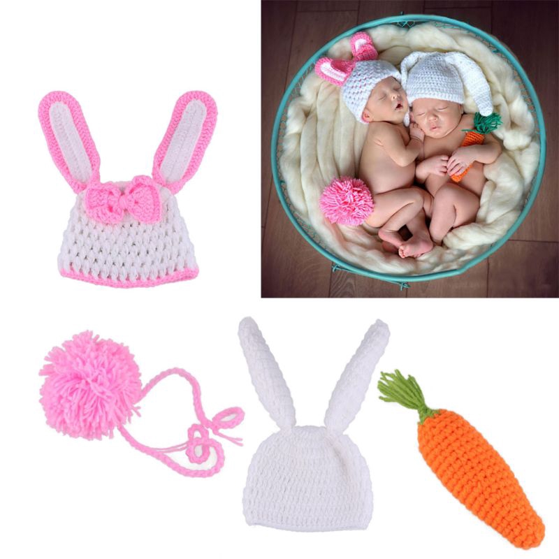 Mary☆Newborn Photography Props Infant Outfits Baby Rabbit Crochet Knit Hat Clothes