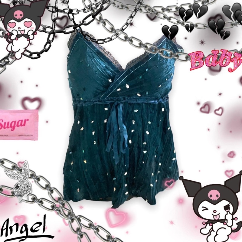 Áo 2 dây y2k xanh đậm sang lấp lánh sexy