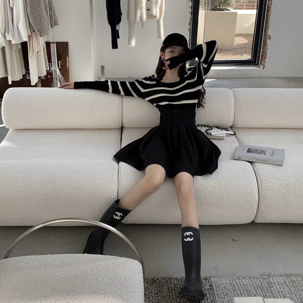 Áo kiểu ZHELIHANGFEI dệt kim cổ vuông tay dài phồng họa tiết kẻ sọc thời trang xinh xắn dành cho nữ