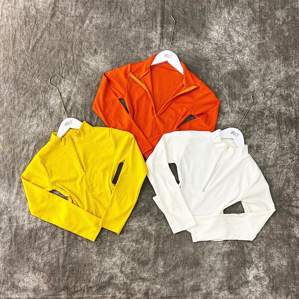 Áo kiểu croptop thun thái xinh mịn dây kéo cổ lọ tay dài hot hit cool