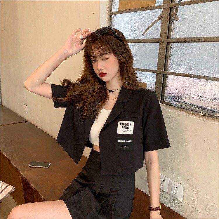 Áo Khoác blazer Tay Ngắn Dáng Rộng Màu Đen Phong Cách Hàn Quốc Thời Trang Mùa Hè Cho Nữ | BigBuy360 - bigbuy360.vn