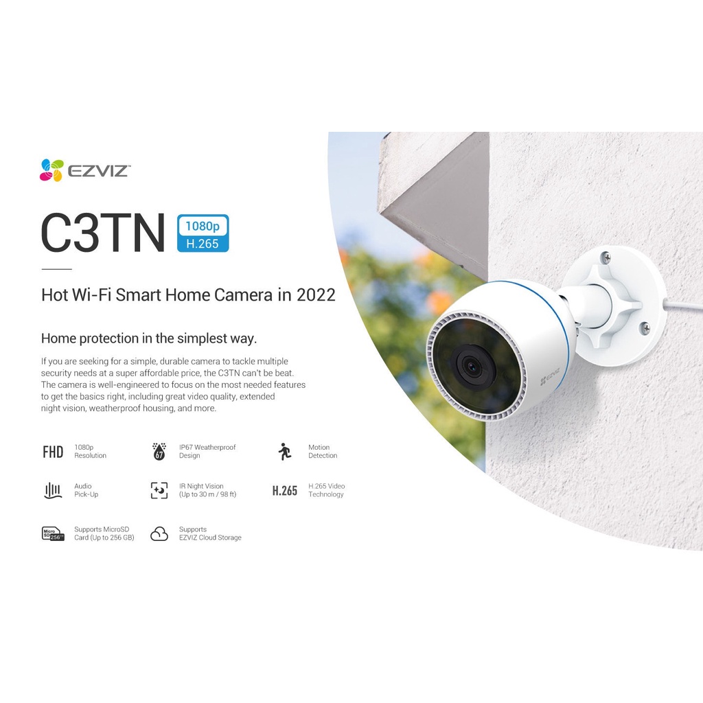 Camera IP Wifi hồng ngoại EZVIZ C3TN 2MP FHD 1080P Mẫu mới 2022 - Camera ngoài trời chuẩn nén H265, tích hợp mic thu âm