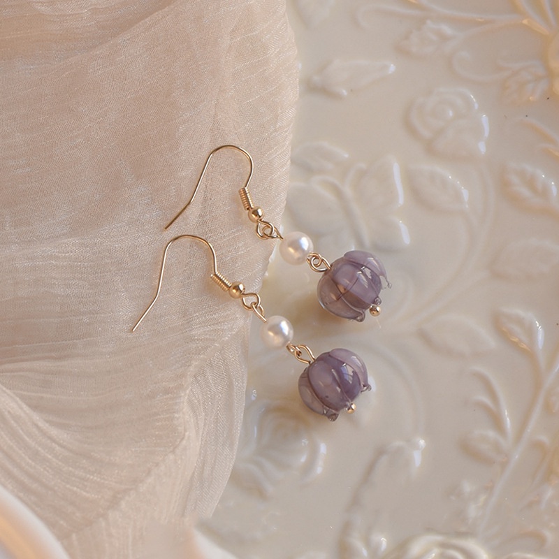 Khuyên Tai Hình Hoa Tím Đính Ngọc Trai Phong Cách Vintage Thanh Lịch