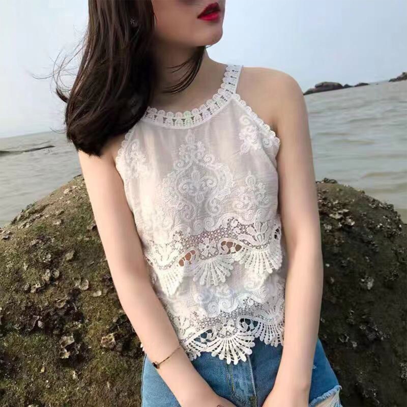 Áo Hai Dây Thêu Hoa Phối Ren Rỗng Phong Cách Harajuku Thời Trang Mùa Hè Cho Nữ