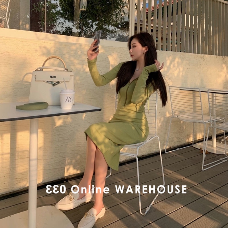 COZOK Đầm hoodie tay dài phối khoá kéo