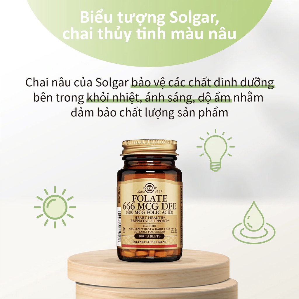 Viên Uống Solgar Folate 666 MCG  DFE Folic Acid - Bổ Sung Axit Folic, Giúp Tăng Cường Trí Não Cho Thai Nhi [Lọ 100 Viên]