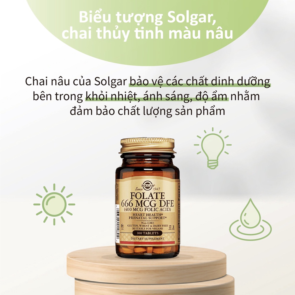 Viên Uống Solgar Folate 666 MCG DFE Folic Acid - Bổ Sung Hồng Cầu, Lọc Máu Cho Người Lớn