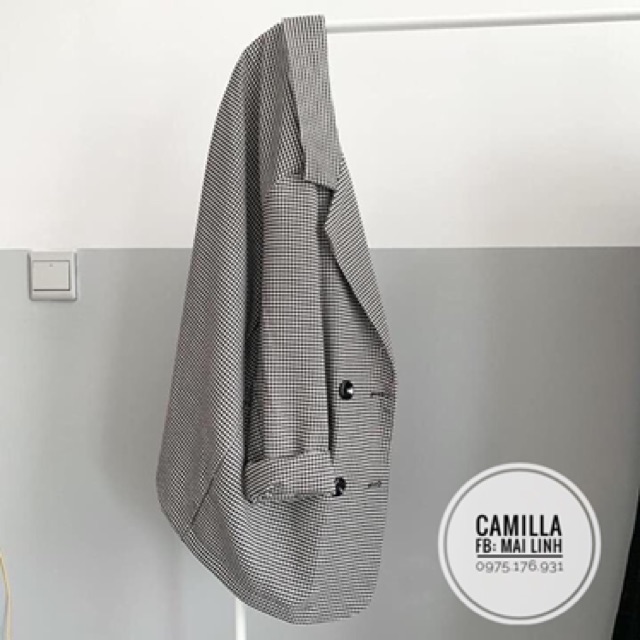 Áo vest kẻ đệm vai có cúc chất thô mềm