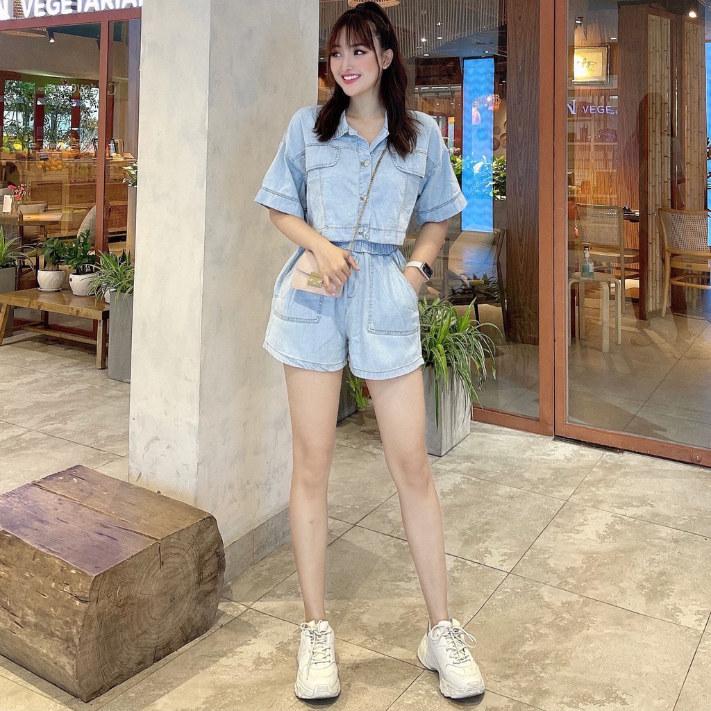 Set bộ áo phối short jean KAYLIN áo jean lửng phối quần ngắn bò nữ N1533