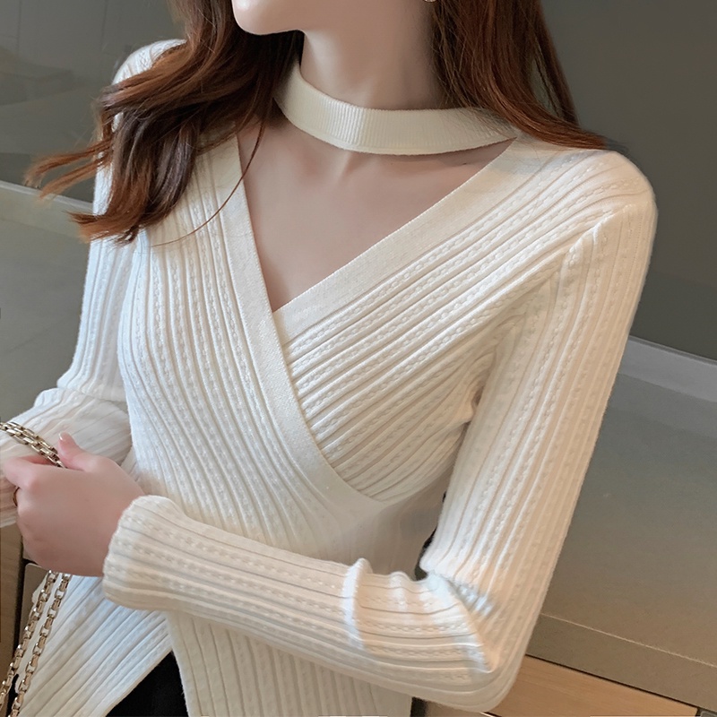 【ZHELIHANGFEI】Áo Dệt Kim Tay Dài Thiết Kế Cổ Chữ V Quyến Rũ