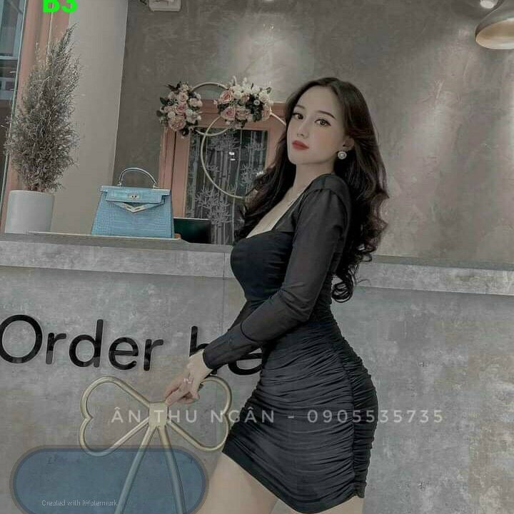 Đầm body cổ vuông tay lưới nhún hông