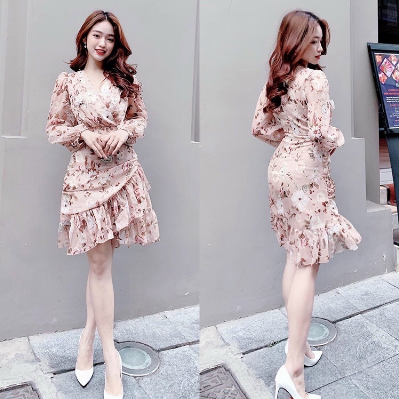 đầm xoè cổ tim xếp ly dài tay dự tiệc bao xinh hoạ tiết
