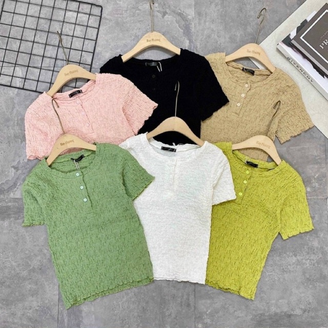 Áo kiểu thun xốp nhăn cúc ngực tôn dáng, Áo thun kiểu dáng ôm ngắn tay CS508 - NhiNhi Shop