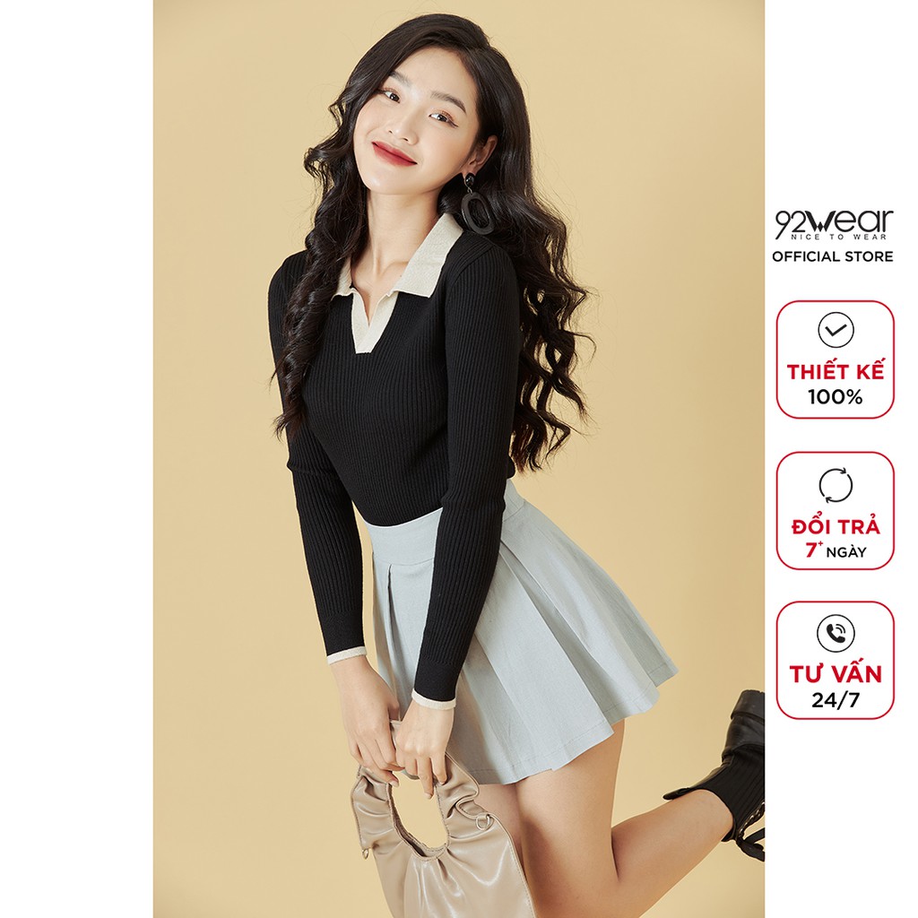Áo len dài tay mỏng phối cổ 92WEAR, co giãn, tôn dáng ALA0061 | BigBuy360 - bigbuy360.vn