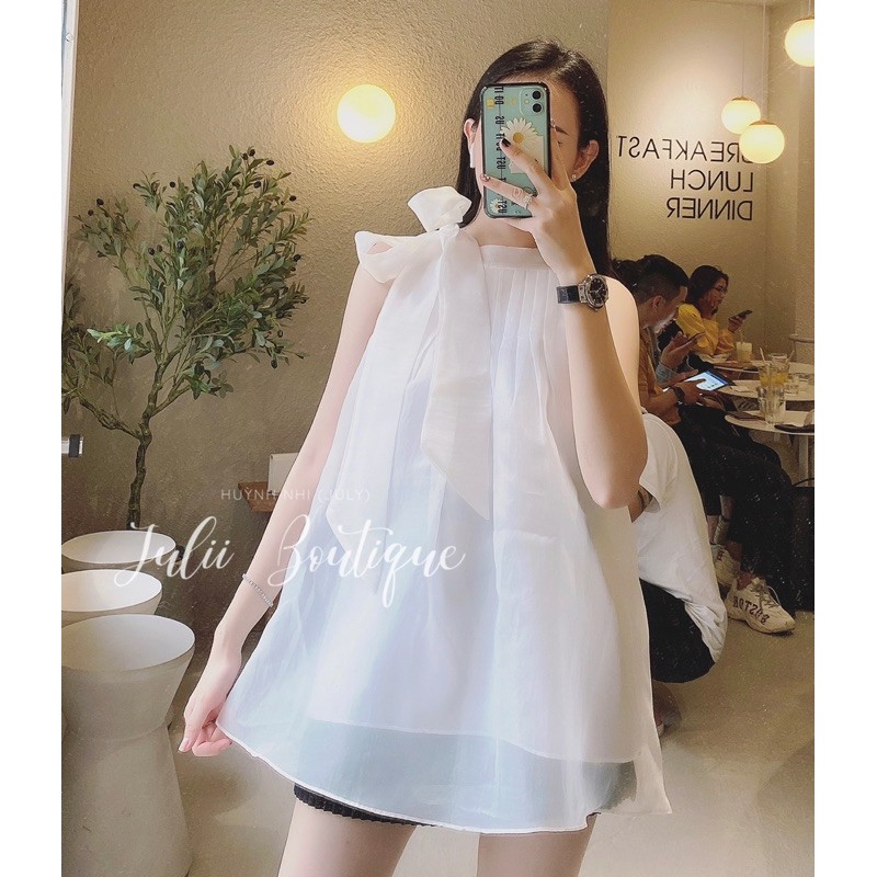 Áo babydoll voan tơ cổ yếm thắt nơ (Clip + Ảnh chụp thật)