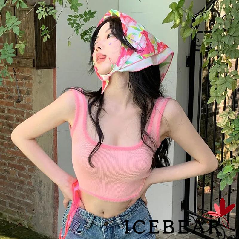 ICE-Women´s Crop Tops Plush Hem Decor Ribbed Bottoming Sleeveless Elastic U-neck Camisole