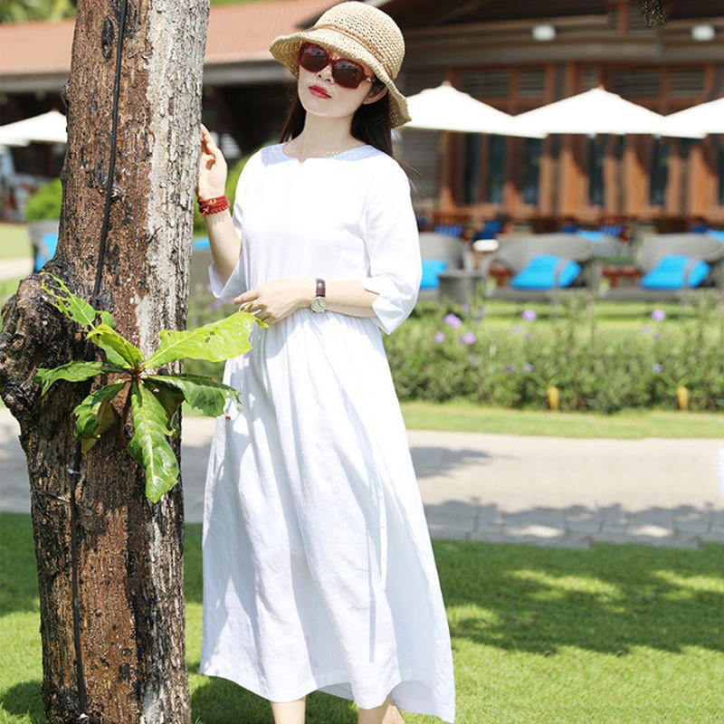 Đầm suông linen tay lỡ cổ phát V, chất vải linen tự nhiên mềm mát, thời trang hè thu Da78