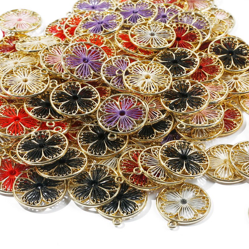 Bộ 2 mặt dây chuyền hình tròn họa tiết hoa lá tráng men dùng để làm đồ thủ công