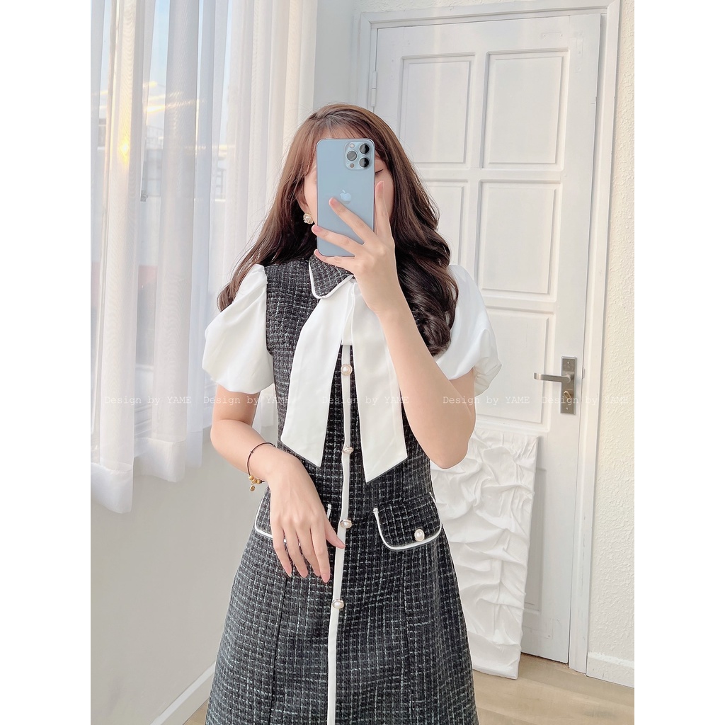 Váy dạ tweed nơ đính liền phối tay 2 màu đỏ, đen YV55 YAME