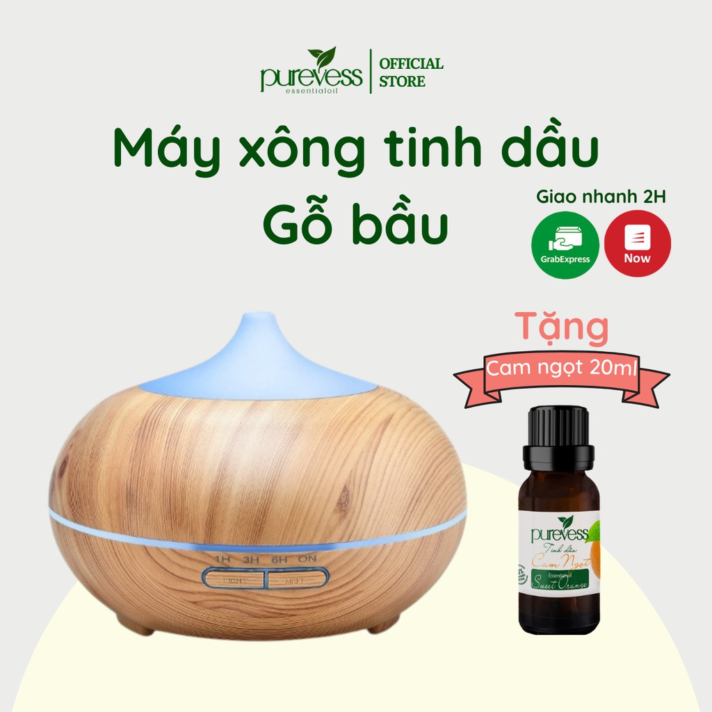 Máy xông tinh dầu Purevess gỗ 350ml - hàng chính hãng, bảo hành 6 tháng, phun sương tạo ẩm, khuếch tán tinh dầu