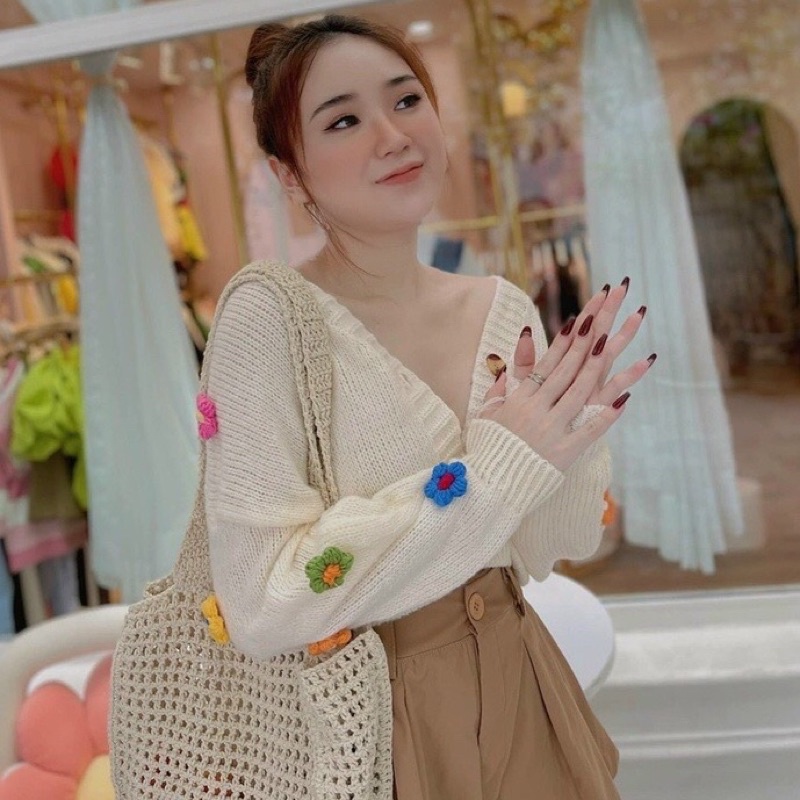 Áo cadigan crotop hoạ tiết hoa xinh xắn chất len mỏng mịn freesize boong_clothing