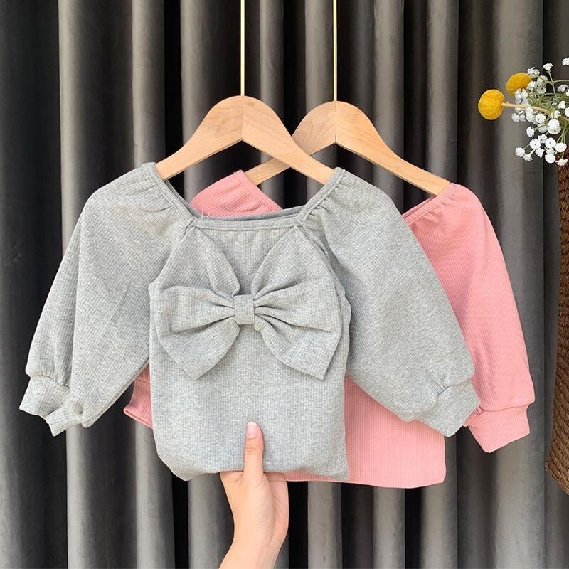 Áo thun cổ vuông thắt nơ thời trang xuân thu cho bé gái 2-6 tuổi