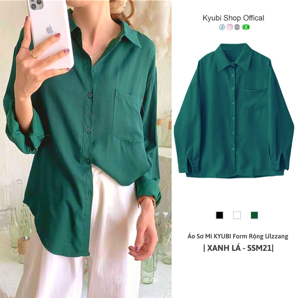 Áo Sơ Mi Tay Dài Form Rộng Ulzzang Nữ Nam Unisex Xanh Lá Đậm - Áo sơmi lụa KYUBI SSM21