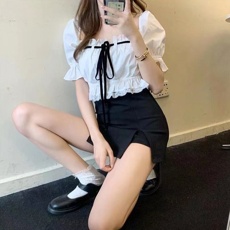 ZHELIHANGFEI Áo Kiểu Tay Phồng Trễ Vai Lưng Cao Cột Dây Phong Cách Quyến Rũ